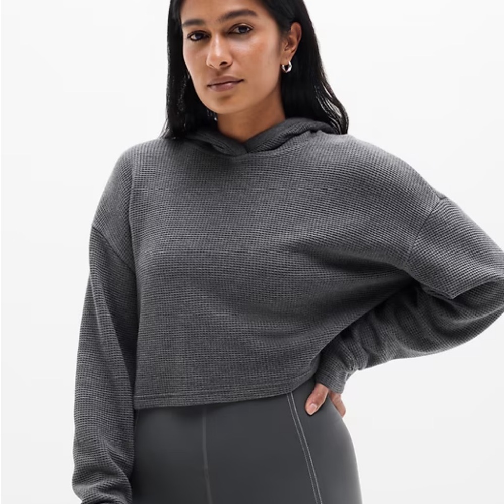 NWT Athleta Tranquil Waffle Charcoal Waffle-Knit Cropped Hoodie